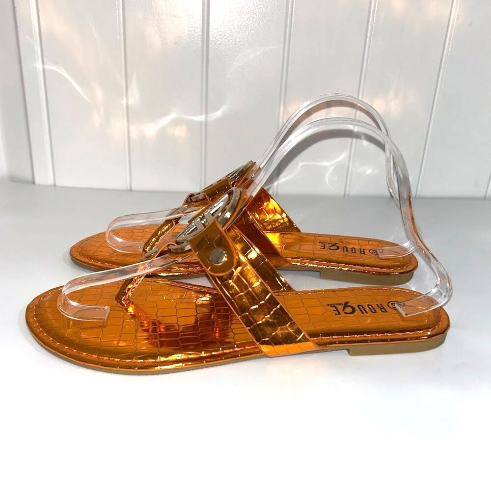 Rouge Helium Women's Slide Sandals Sz 8.5 Crocodile-Embossed Rose Gold Flats